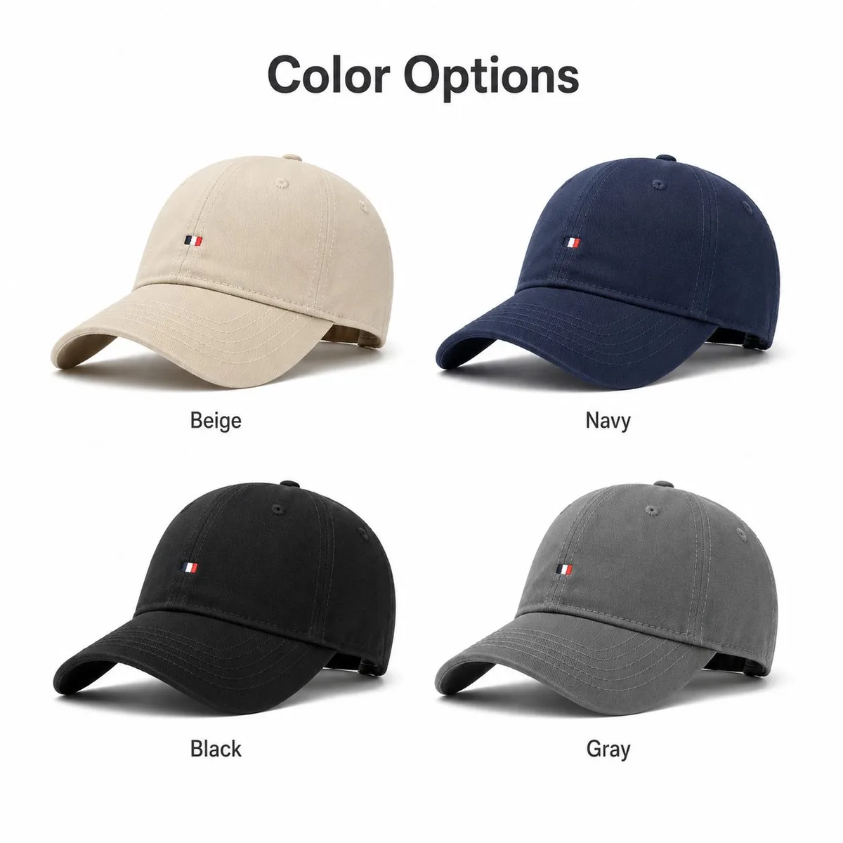 The cotton baseball cap in beige, navy, black and gray