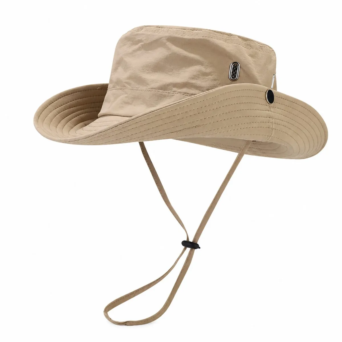Khaki wide brim hiking bucket hat with an adjustable chin cord and metal eyelets, on a white background