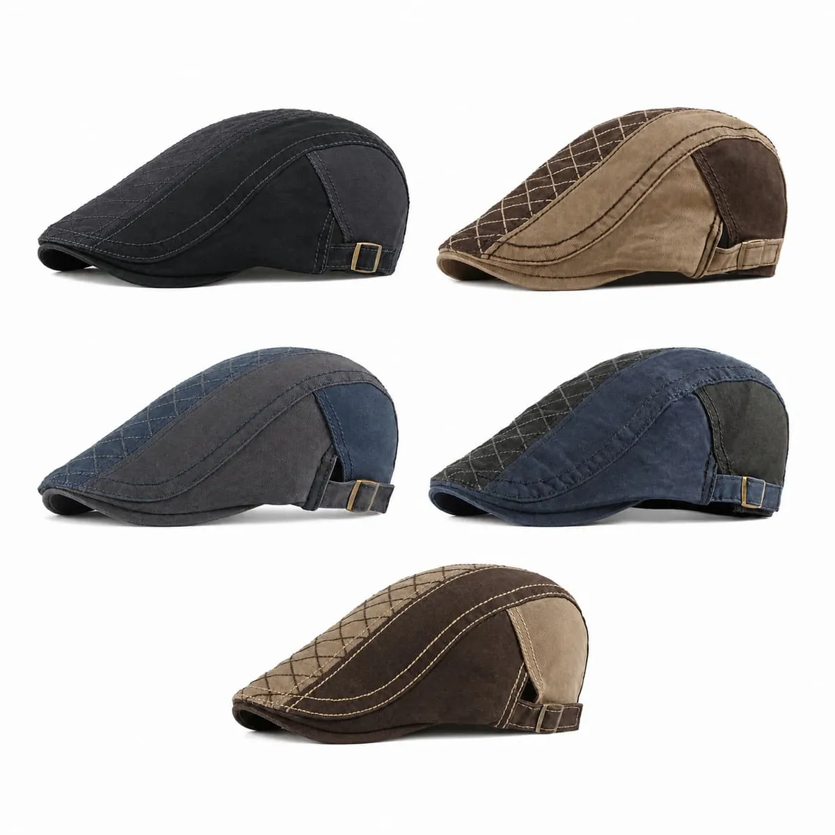 A classic ivy flat cap in five colorways, black, khaki, gray, navy and brown, showing how one style can be offered in several colors