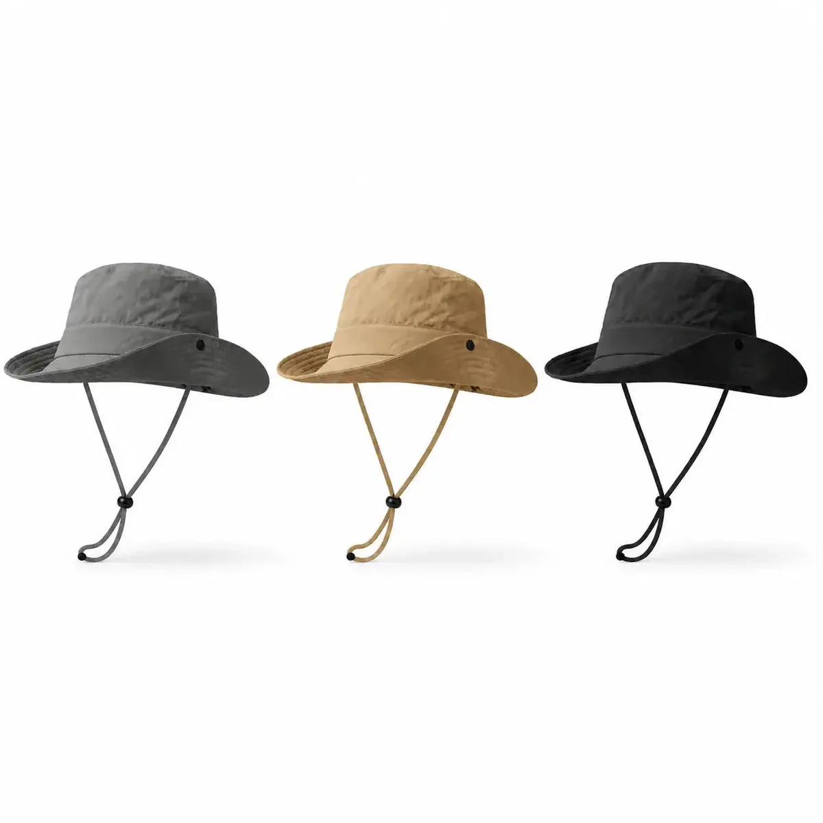 The packable wide brim sun hat in gray, khaki and black, each with a chin cord
